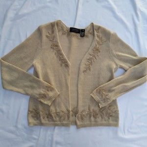 Dana Buchman size M 100% linen knit cardigan floral raffia embroidery beige tan